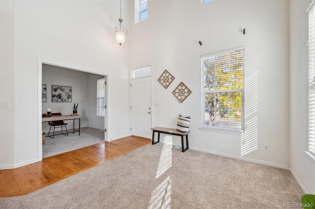 entrance foyer with a towering ceiling and light hardwood / wood-style floors