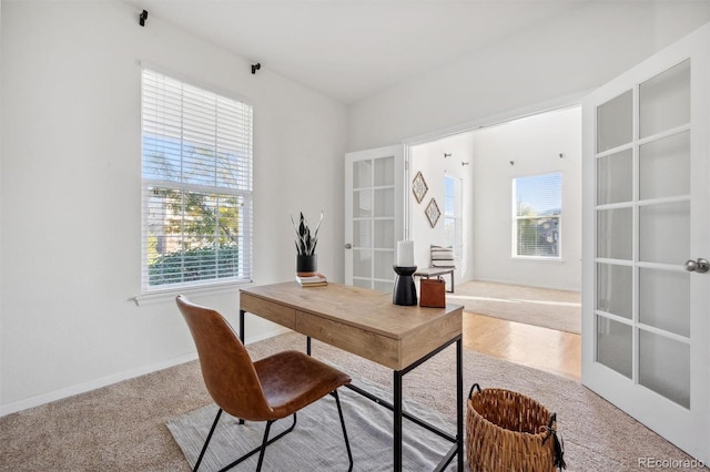 carpeted office space with french doors and plenty of natural light