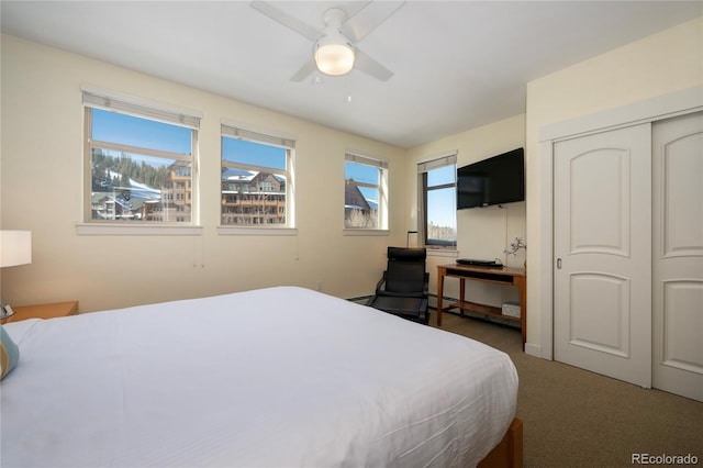 bedroom featuring ceiling fan, a closet, and dark colored carpet