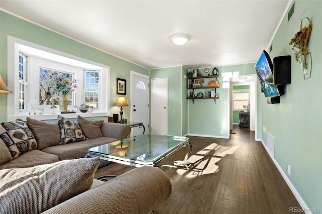 living room with dark hardwood / wood-style flooring