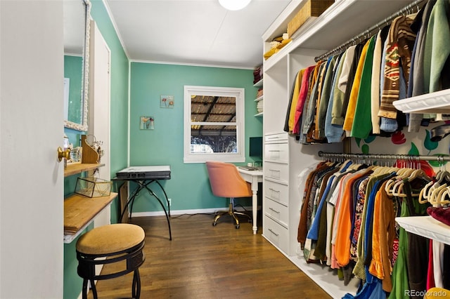 walk in closet with dark wood-type flooring