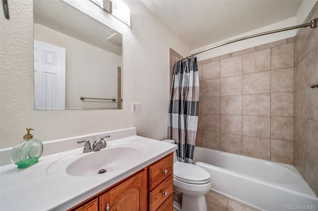 8051 S Kendall Blvd, Littleton, CO 80128 - bathroom featuring a textured wall, vanity, shower / bathtub combination with curtain, and tile patterned flooring