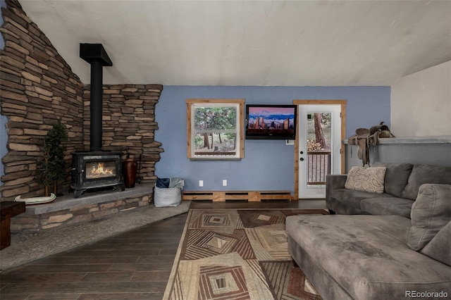 54 Zaza Ln, Evergreen, CO 80439 - living room featuring a wood stove and dark wood-style flooring