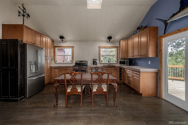 54 Zaza Ln, Evergreen, CO 80439 - kitchen featuring appliances with stainless steel finishes, lofted ceiling, dark wood-style floors, a sink, and light countertops