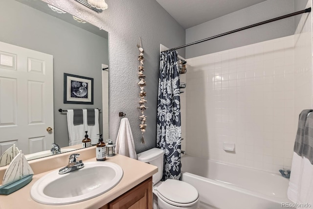 10463 Nucla St, Commerce City, CO 80022 - bathroom with vanity, shower / bathtub combination with curtain, and a textured wall