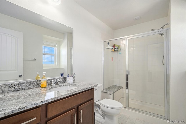 full bathroom with a stall shower, toilet, and vanity