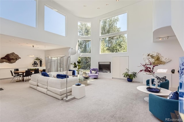 living room with a towering ceiling and carpet flooring