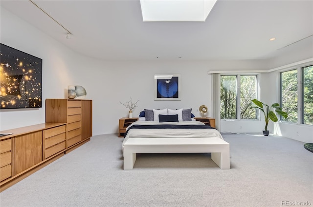 bedroom with a skylight and light colored carpet