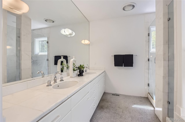 bathroom featuring vanity, a shower with shower door, and a wealth of natural light