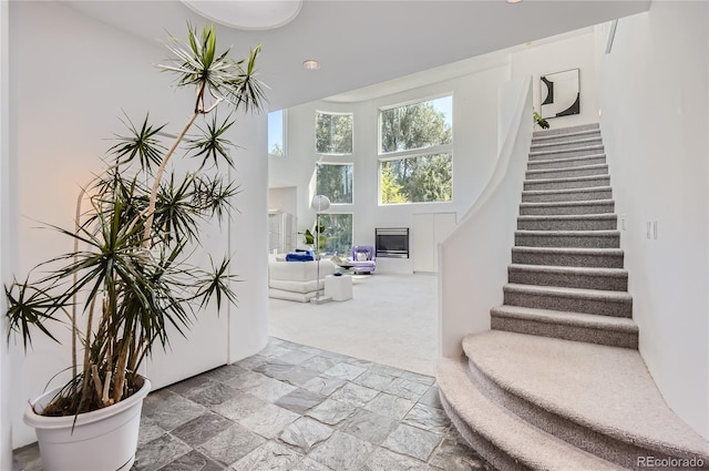 stairway featuring carpet and a high ceiling