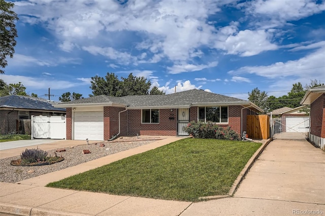 1785 S Zuni St, Denver, CO 80223 - single story home featuring a gate, an attached garage, brick siding, and concrete driveway