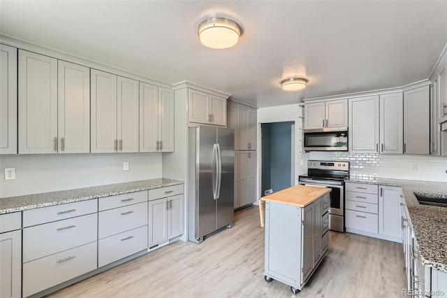 1785 S Zuni St, Denver, CO 80223 - kitchen featuring stainless steel appliances, butcher block counters, light wood-style flooring, and gray cabinets
