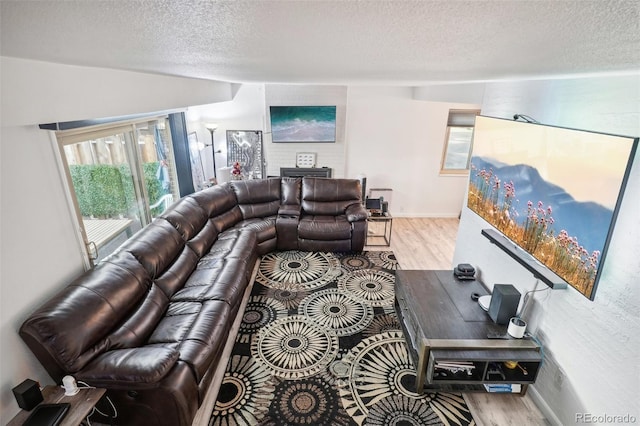 living room featuring a textured ceiling and light hardwood / wood-style floors