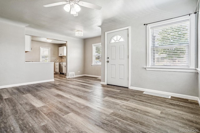 foyer entrance with dark hardwood / wood-style floors and ceiling fan