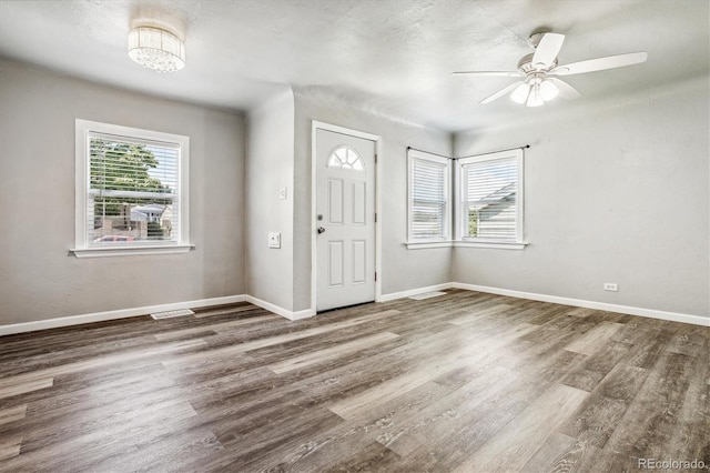 entrance foyer featuring dark hardwood / wood-style floors, a textured ceiling, and ceiling fan