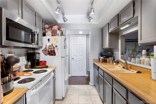 kitchen featuring light hardwood / wood-style flooring, a raised ceiling, appliances with stainless steel finishes, rail lighting, and sink