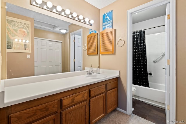 full bathroom with shower / bathtub combination with curtain, vanity, and toilet