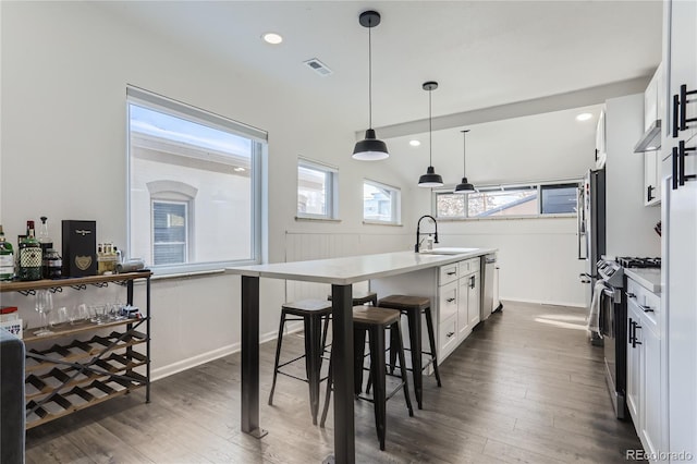 kitchen with visible vents, appliances with stainless steel finishes, white cabinetry, and dark wood-type flooring