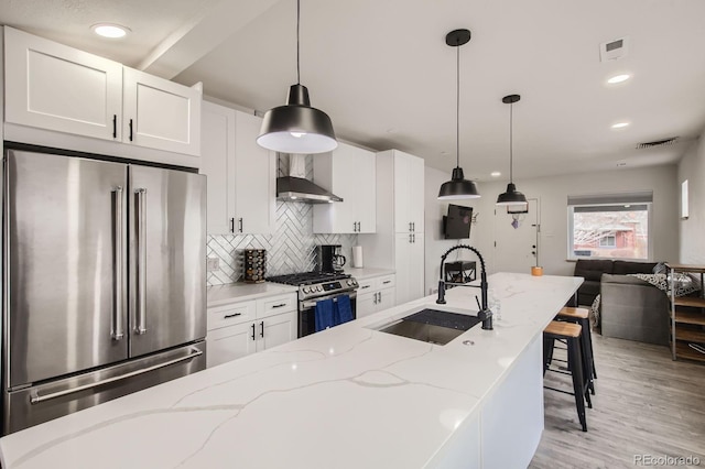 kitchen with visible vents, a sink, stainless steel appliances, wall chimney range hood, and tasteful backsplash