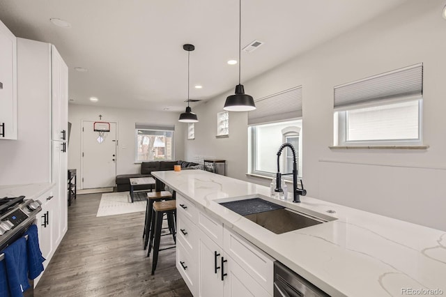 kitchen with a sink, dark wood-style floors, and white cabinets