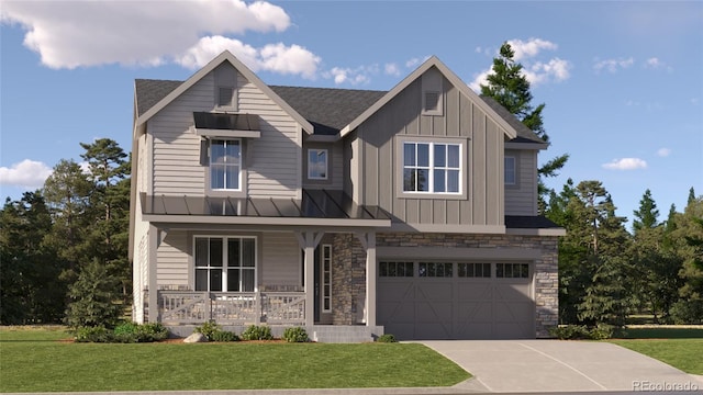 view of front facade featuring a front yard, a garage, and covered porch