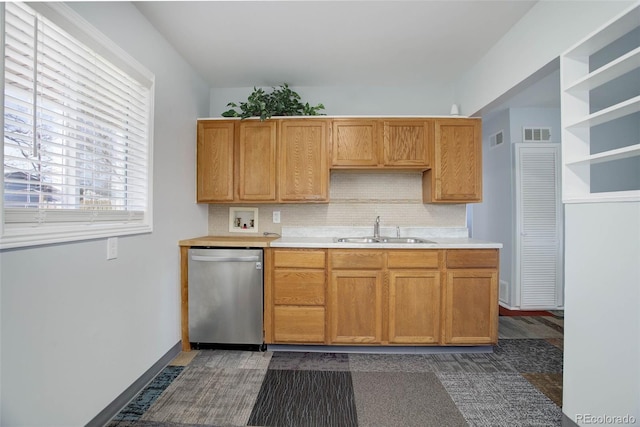 kitchen with visible vents, a sink, open shelves, stainless steel dishwasher, and light countertops