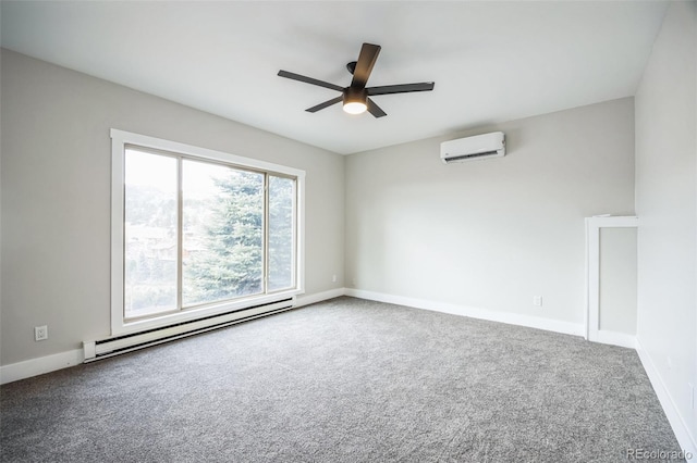 carpeted spare room featuring a baseboard radiator, a wall unit AC, and ceiling fan