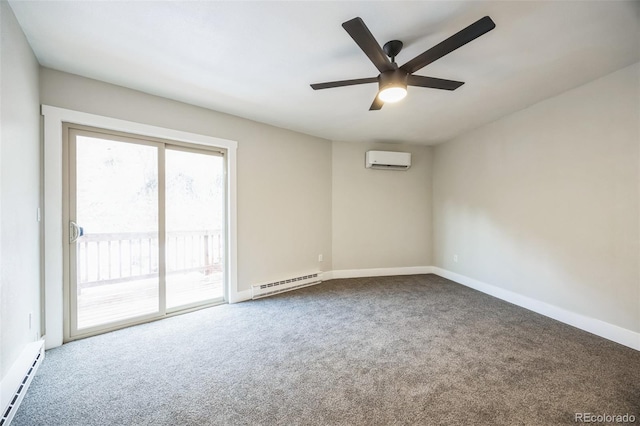 carpeted empty room with ceiling fan, a baseboard radiator, and a wall mounted AC