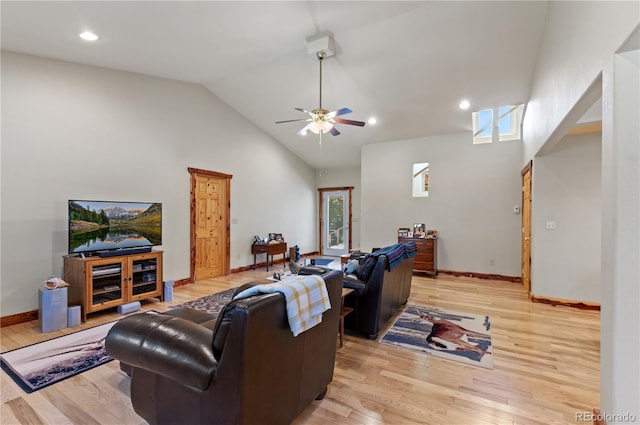 33002 Bobcat Ct, Trinidad, CO 81082 - living room featuring high vaulted ceiling, light wood-style flooring, a ceiling fan, baseboards, and recessed lighting
