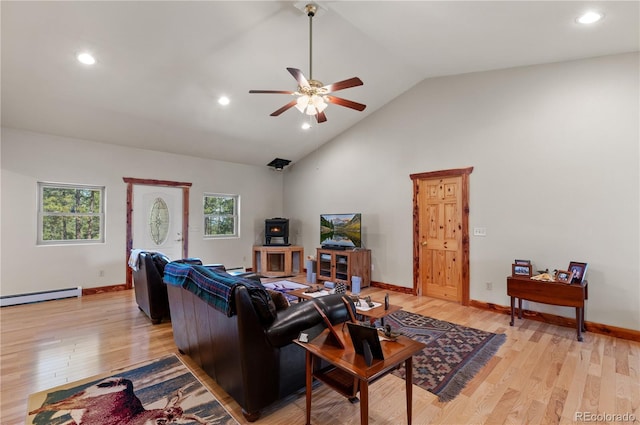 33002 Bobcat Ct, Trinidad, CO 81082 - living area with a baseboard radiator, ceiling fan, light wood-style floors, baseboards, and recessed lighting