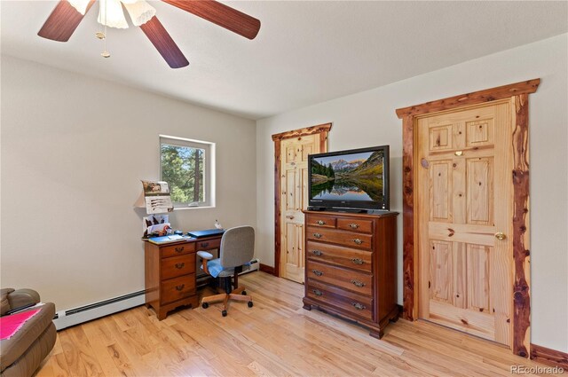 33002 Bobcat Ct, Trinidad, CO 81082 - office space featuring a baseboard heating unit, light wood-style flooring, and ceiling fan