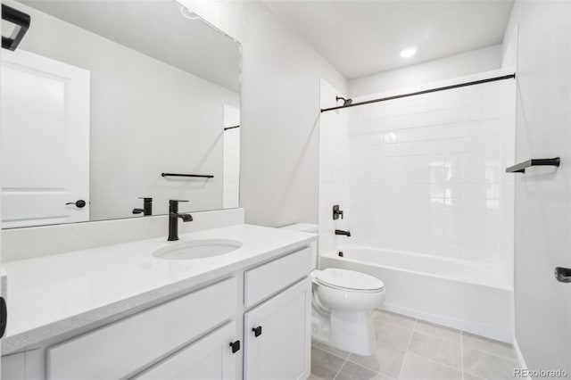 full bathroom with shower / bathtub combination, toilet, vanity, and tile patterned flooring