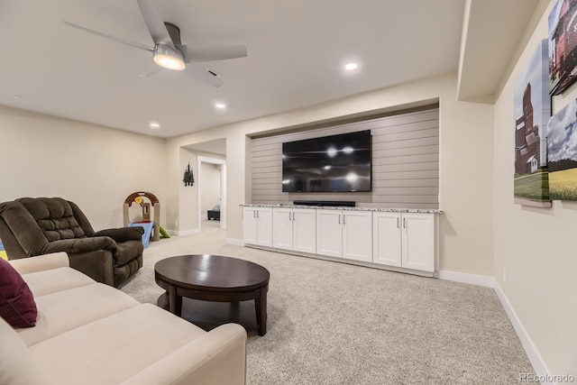 8778 S Quatar St, Aurora, CO 80016 - living room with light carpet, ceiling fan, and recessed lighting
