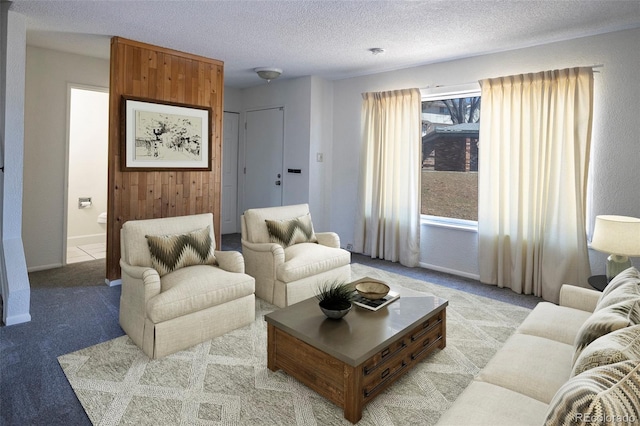 living area with light carpet, a textured ceiling, and baseboards