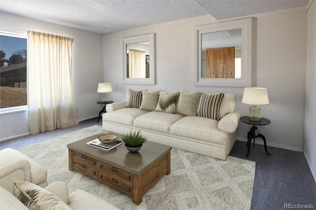 living room featuring a textured ceiling, carpet floors, and baseboards
