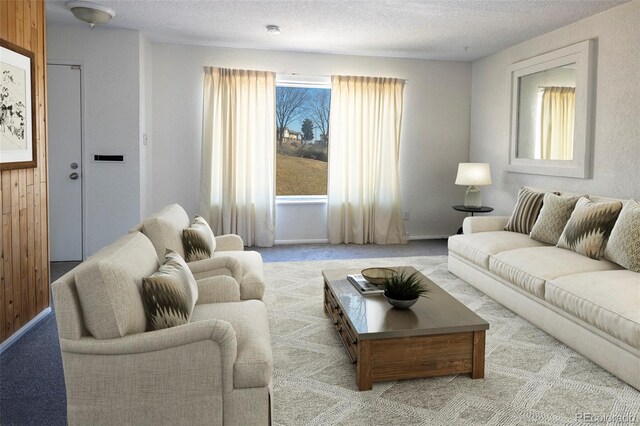 living room featuring carpet flooring and a textured ceiling