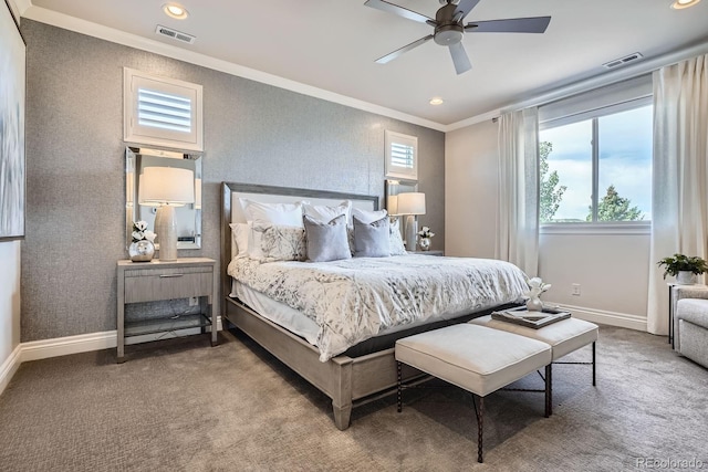 9453 Vista Hill Ln, Lone Tree, CO 80124 - carpeted bedroom featuring ornamental molding, recessed lighting, and a ceiling fan