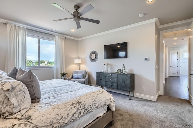 9453 Vista Hill Ln, Lone Tree, CO 80124 - carpeted bedroom with ornamental molding, recessed lighting, and ceiling fan