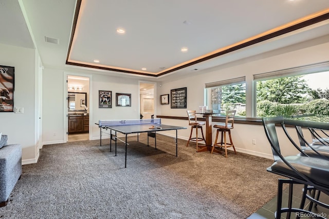 9453 Vista Hill Ln, Lone Tree, CO 80124 - recreation room featuring a raised ceiling, carpet, and recessed lighting