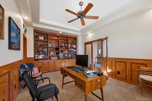 6703 S Yates Ct, Littleton, CO 80128 - office with wainscoting, a raised ceiling, ceiling fan, light carpet, and recessed lighting
