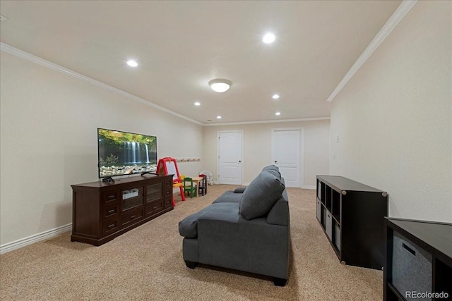 6703 S Yates Ct, Littleton, CO 80128 - living area featuring recessed lighting, light colored carpet, and crown molding