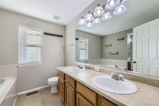 full bathroom featuring vanity, tile patterned floors, plus walk in shower, and toilet