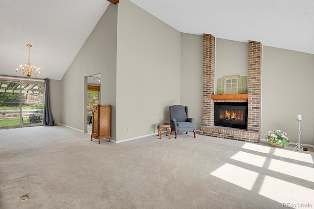 7466 E Long Cir, Centennial, CO 80112 - unfurnished room with high vaulted ceiling, a fireplace, carpet, a chandelier, and baseboards