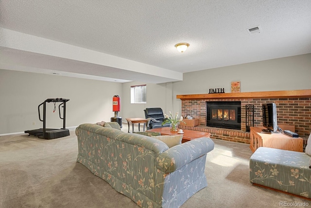 7466 E Long Cir, Centennial, CO 80112 - carpeted living area with a brick fireplace, a textured ceiling, and baseboards