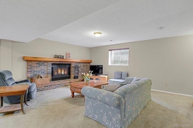 7466 E Long Cir, Centennial, CO 80112 - carpeted living area with a fireplace, a textured ceiling, and baseboards