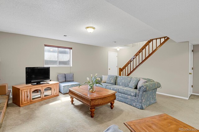 7466 E Long Cir, Centennial, CO 80112 - living area with light carpet, stairs, a textured ceiling, and baseboards