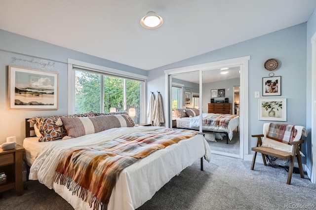 bedroom with carpet flooring, a closet, and vaulted ceiling