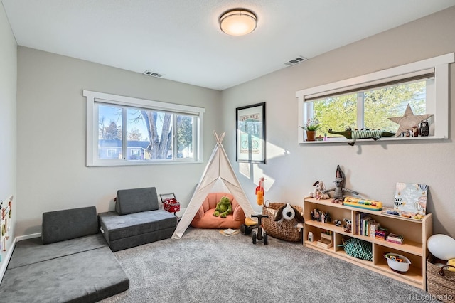 recreation room with a wealth of natural light and carpet