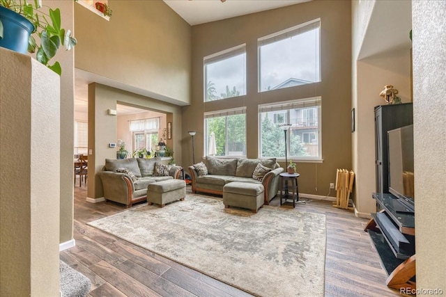 10191 Sagecrest St, Highlands Ranch, CO 80126 - living room featuring a high ceiling, wood finished floors, and baseboards