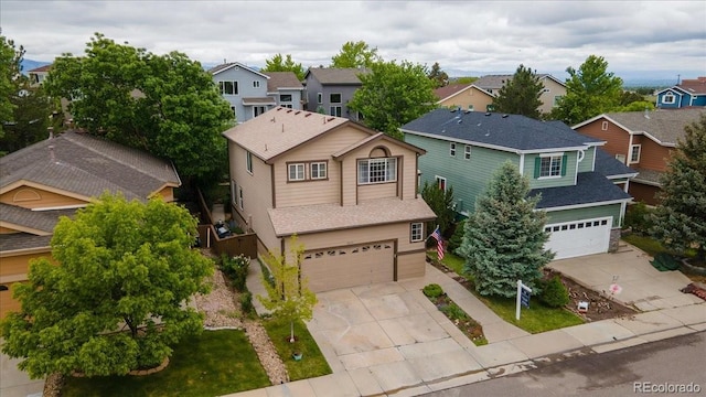 10191 Sagecrest St, Highlands Ranch, CO 80126 - view of front of home with a residential view, driveway, a garage, and roof with shingles